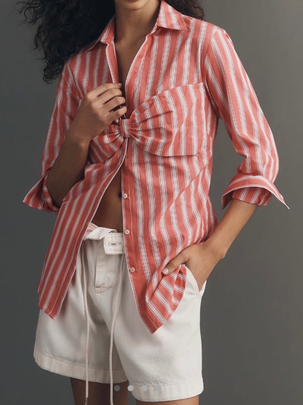 Maeve Bow Long-Sleeve Buttondown Top, Size S